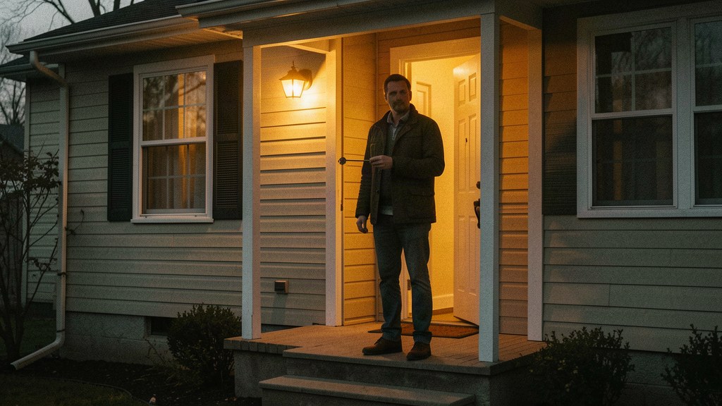 A man just released from prison stands on the porch of his own home at dawn, holding a key